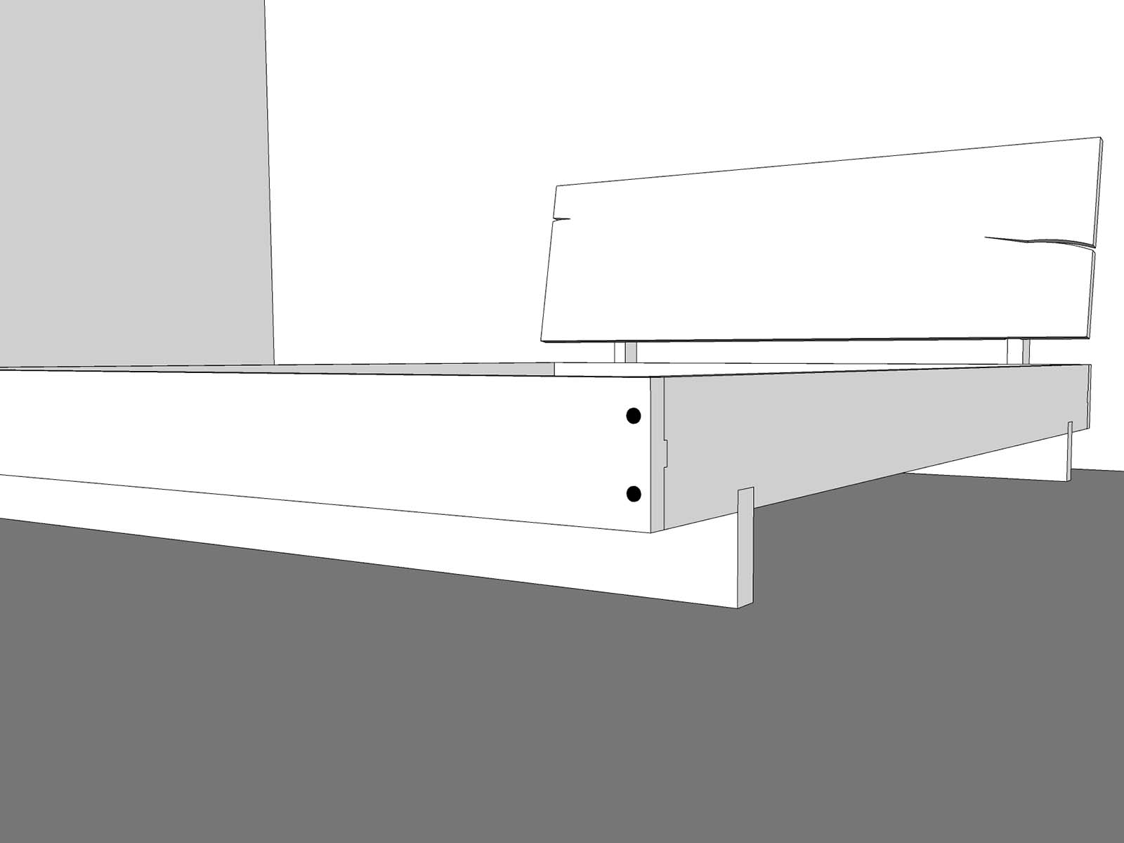 Vizualizare 3D schematică cu un pat minimalist cu cadru de lemn si tablie dreapta, cu aspect rustic dat de unele crapaturi ale lemnului