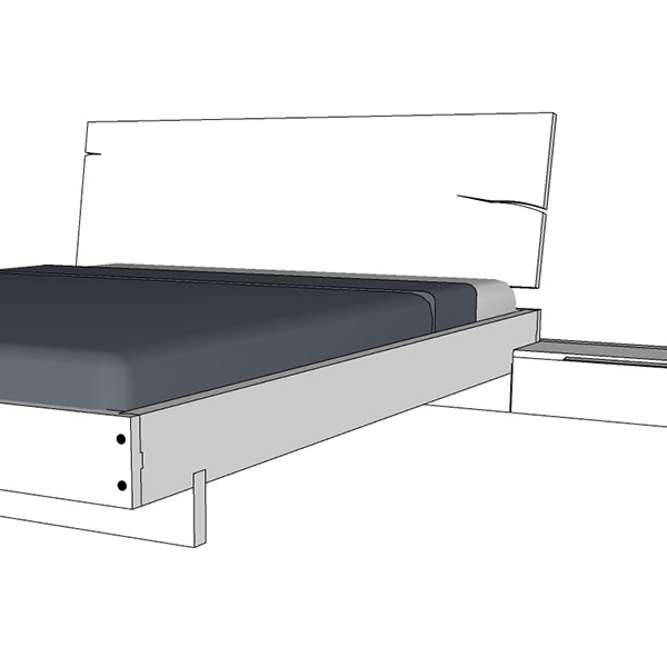 Schită pat cu îmbinări japoneze, picioare masive din lemn și tăblie din lemn masiv cu crăpături, cu noptieră joasă