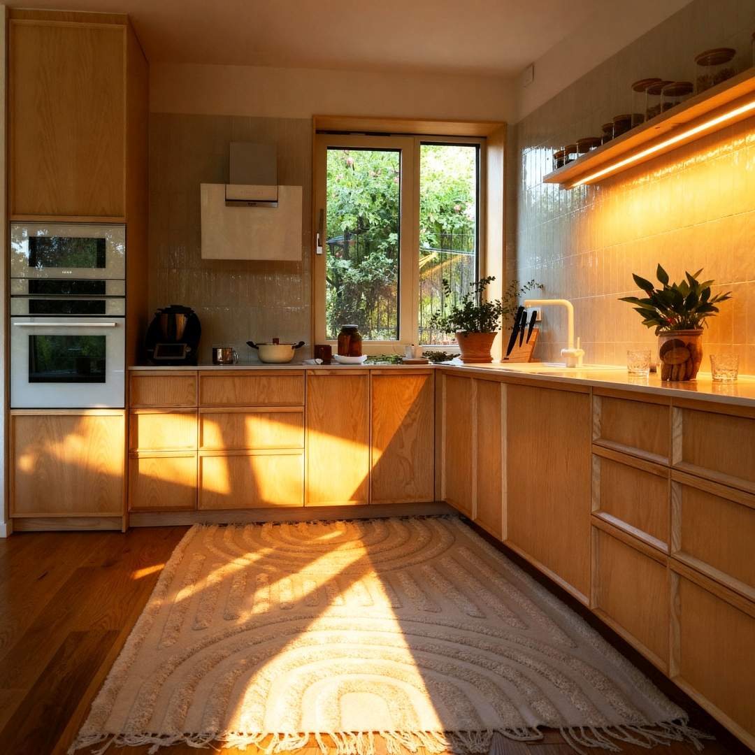 bucatarie in nuante calde din lemn masiv cu fronturi cu rame si tablii, corpuri in alte si corpuri joase cu blat in forma de L pe doua laturi langa fereastra, perete cu faianta bej in relief, hota suspendata si blat in nuanta deschisa